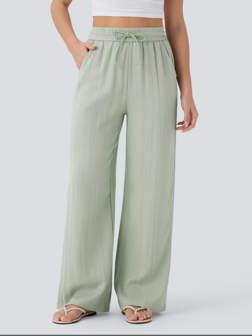 HALARA High Waisted Drawstring Pocket Wide Leg Baggy Casual Linen-Feel Pants